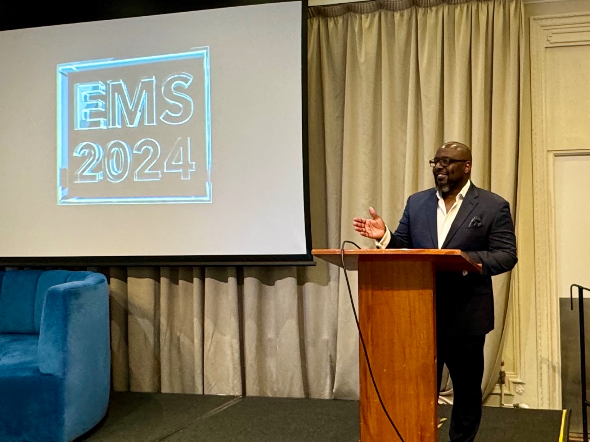 Dr. Nkosi Leary delivering a keynote address at the EMS 2024 conference