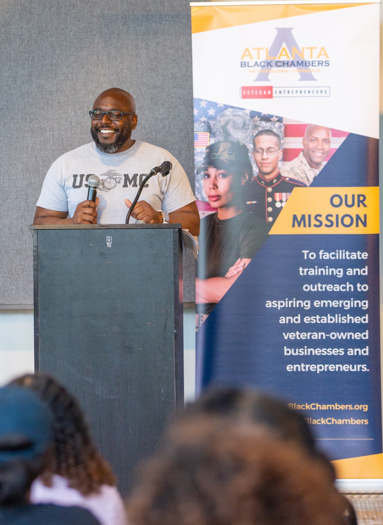Dr. Nkosi Leary, 26-year USMC veteran, delivering a keynote on leadership at an Atlanta Black Chambers Veteran Entrepreneurs event